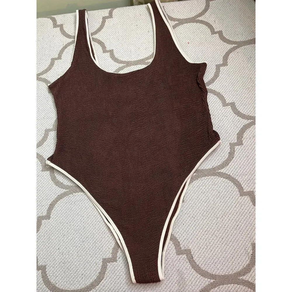 Moda Minx Curve contrast binding swimsuit in brown, NWT, size 18, MSRP $96